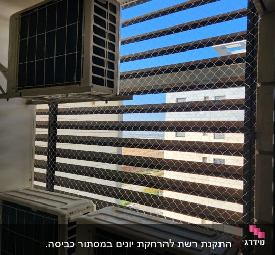 רשת מתכת על חלון למניעת כניסת יונים